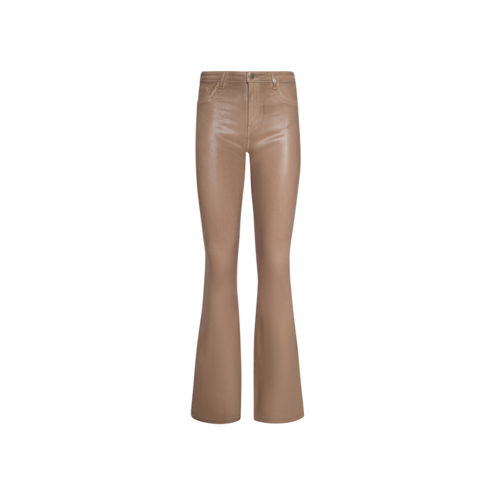 The Marty Coated Flare Jean features a high-waisted fit in a tan leather alternative, with button and zip closure, belt loops, and front and back pockets, displayed on a white background.