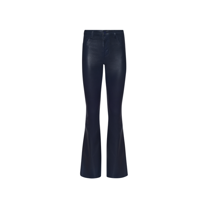 Marty Coated Flare Jean in black features a high-waisted silhouette, flared hem, and shiny leather-like coated denim, showcased against a plain white background.