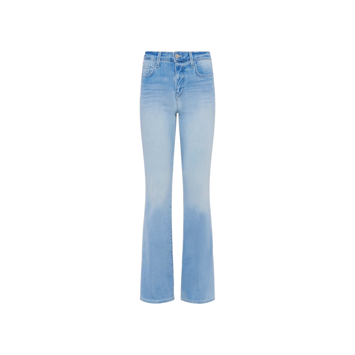 The Marty Flare Jean in light blue is showcased against a plain white background. Crafted from super stretch denim, these high-rise, bootcut jeans feature a button and zipper closure, front and back pockets, and a slightly faded wash effect on the thighs and knees.