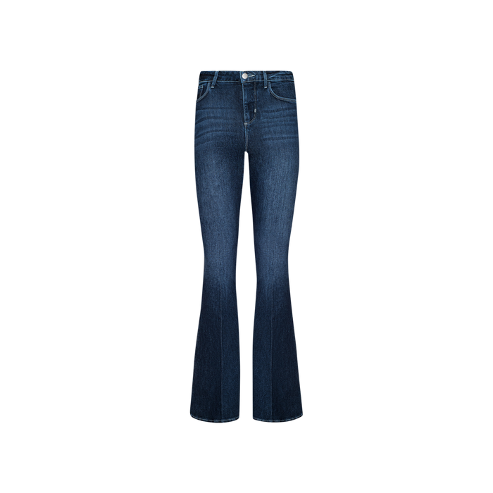 The Marty Flare Jean is crafted from stretch denim in dark blue, featuring a high-rise waist, flare-leg silhouette, and both front and back pockets, shown against a plain white background.