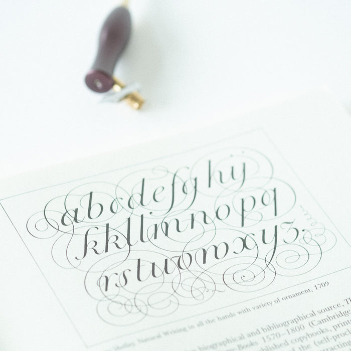 Mastering Copperplate Calligraphy by Eleanor Winters book internals  (alphabet) with the Bloom Oblique Calligraphy Pen in Dark Mulberry