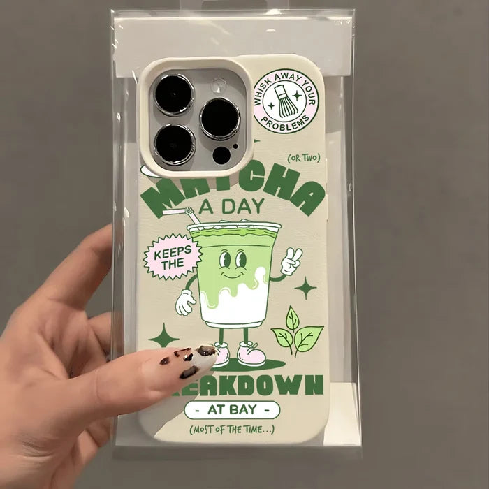 Matcha Milk Tea Lichee Leather Pattern Phone Case For iPhone PhoneShells