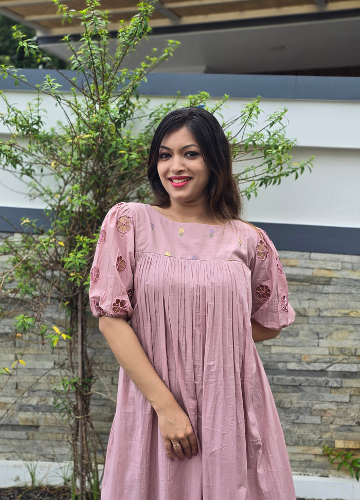 Mauve  shaded ultra soft mul cotton dress/kurti with cutworked sleeves and thread worked yoke MBS-420