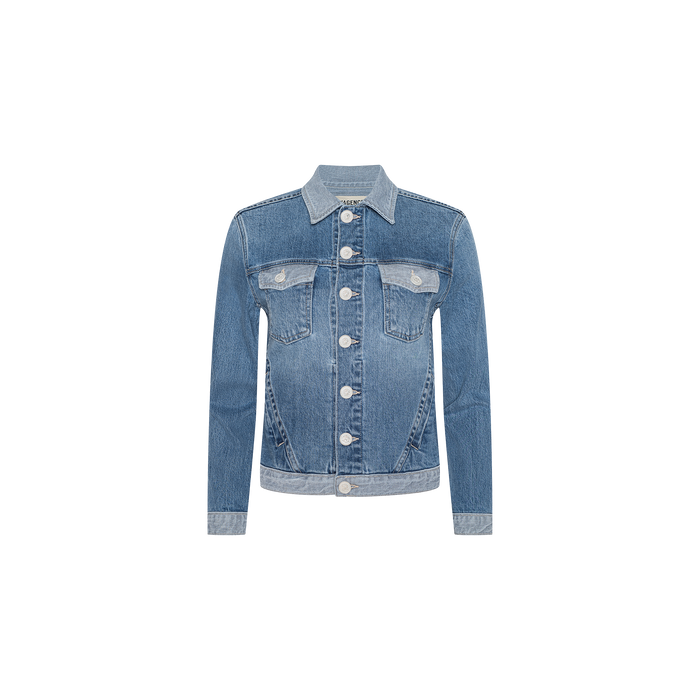 The Maven Jean Jacket is a classic light-wash denim jacket with long sleeves, a button-down front, and two chest pockets with flaps. Crafted from comfortable stretch denim, the jacket is displayed on a plain white background.