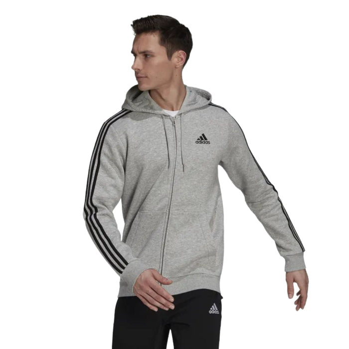 adidas Men's Standard Essentials 3-Stripes Fleece Full-Zip Hooded Track Top - Grey runnwalk