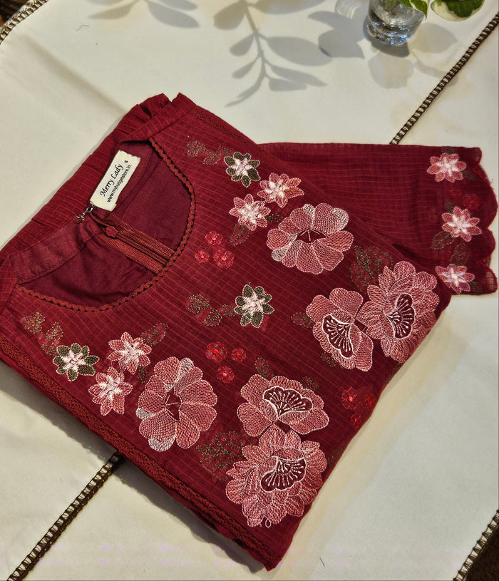 Meroon soft cotton kota checks kurti with floral embroidered yoke and crochet lace detailings MBS-699