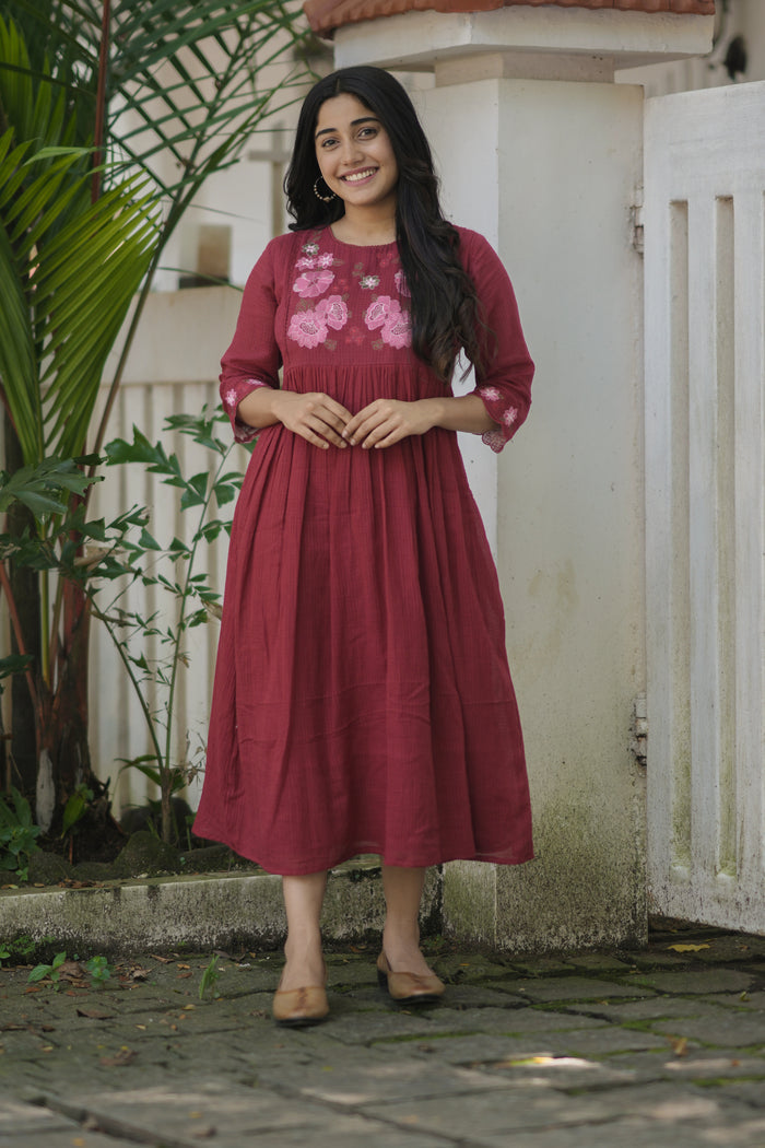 Meroon soft cotton kota checks kurti with floral embroidered yoke and crochet lace detailings MBS-699