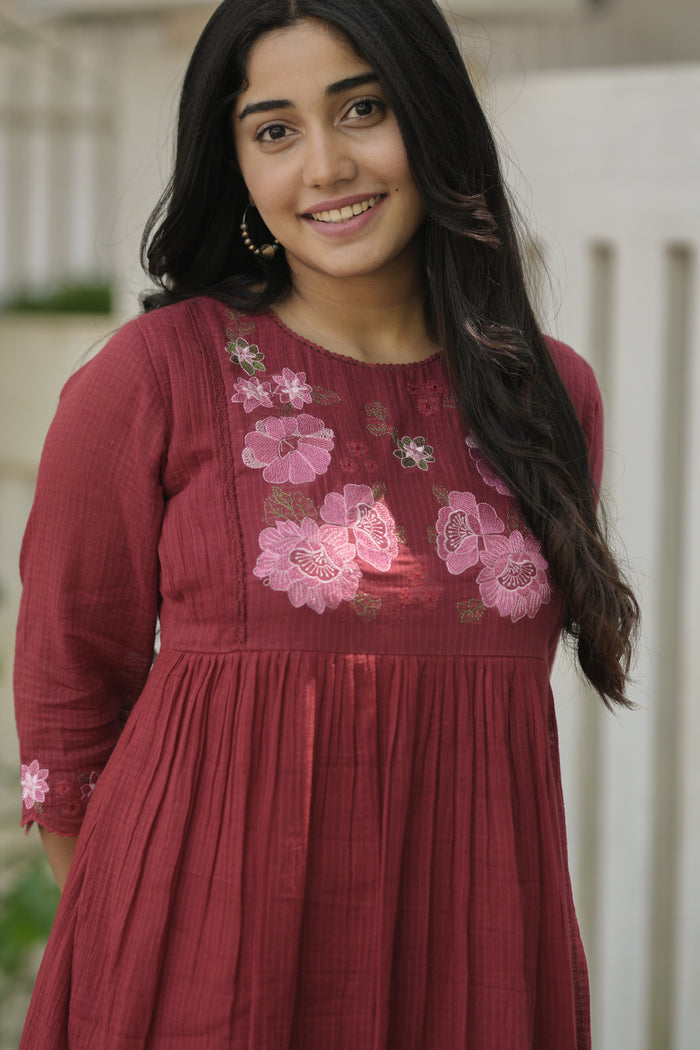 Meroon soft cotton kota checks kurti with floral embroidered yoke and crochet lace detailings MBS-699