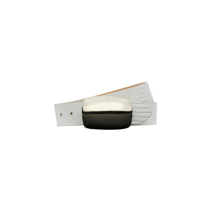 The Milou Belt, a white lizard-embossed accessory handcrafted from Italian-sourced materials and finished with a large, rectangular metallic buckle, is displayed against a plain white background.