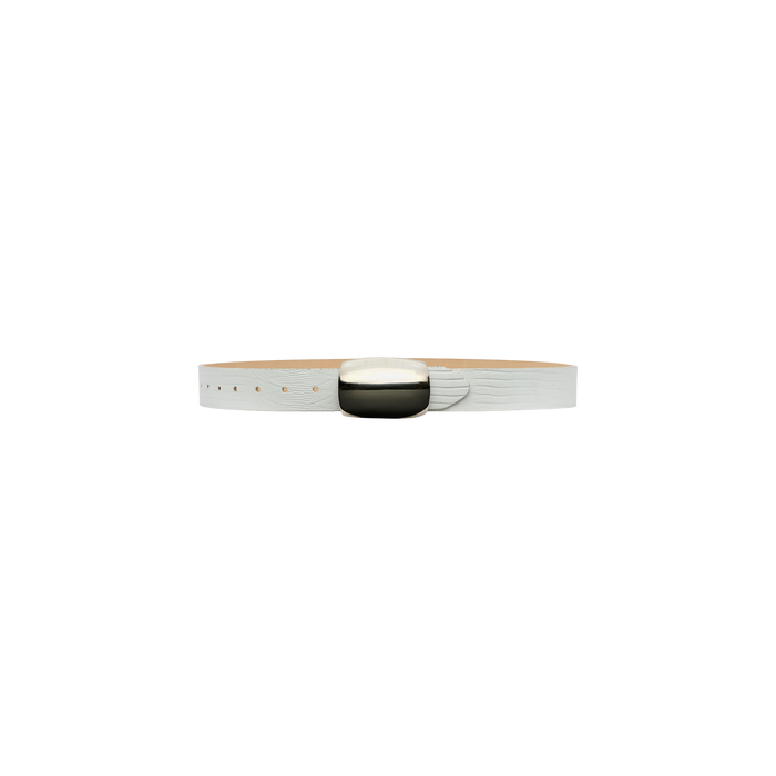 The Milou Belt is handcrafted from Italian-sourced materials, featuring a white lizard-embossed design and a large, shiny, oval silver buckle, and is shown against a plain white background.