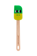Green spatula with a wooden handle on a white background