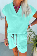 Mint Green V Neck Short Sleeve Top Drawstring Shorts 2pcs Set Shewin