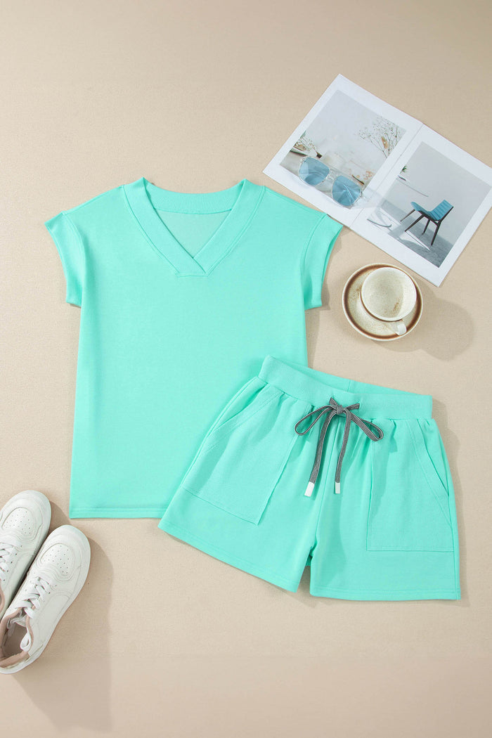 Mint Green V Neck Short Sleeve Top Drawstring Shorts 2pcs Set Shewin