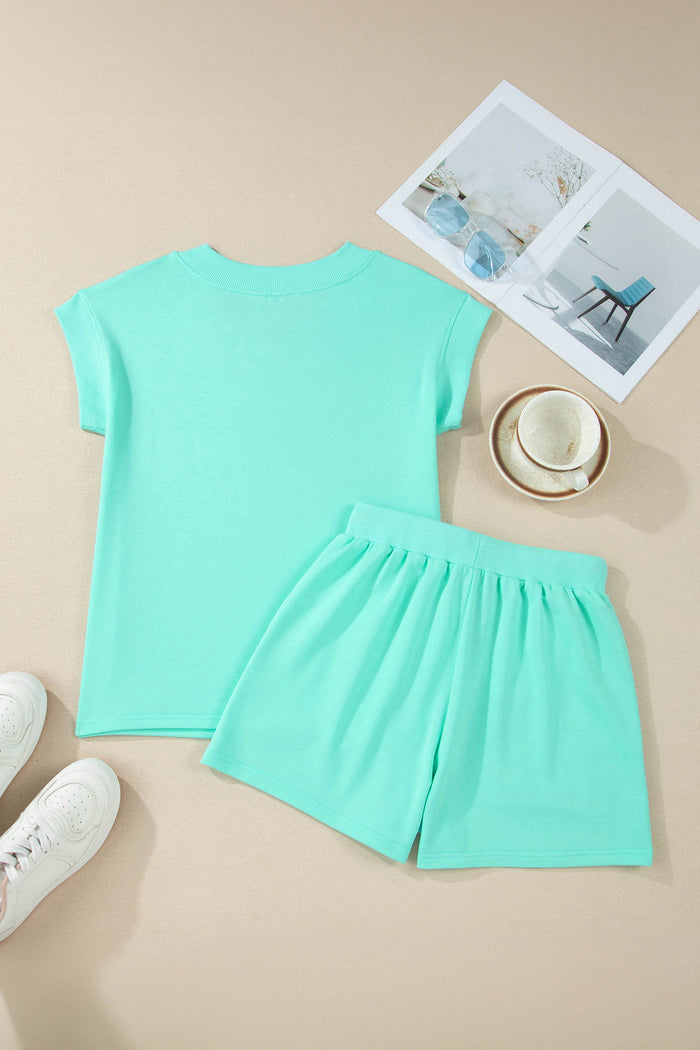 Mint Green V Neck Short Sleeve Top Drawstring Shorts 2pcs Set Shewin