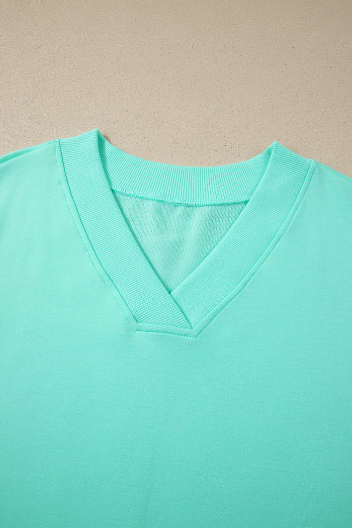Mint Green V Neck Short Sleeve Top Drawstring Shorts 2pcs Set Shewin