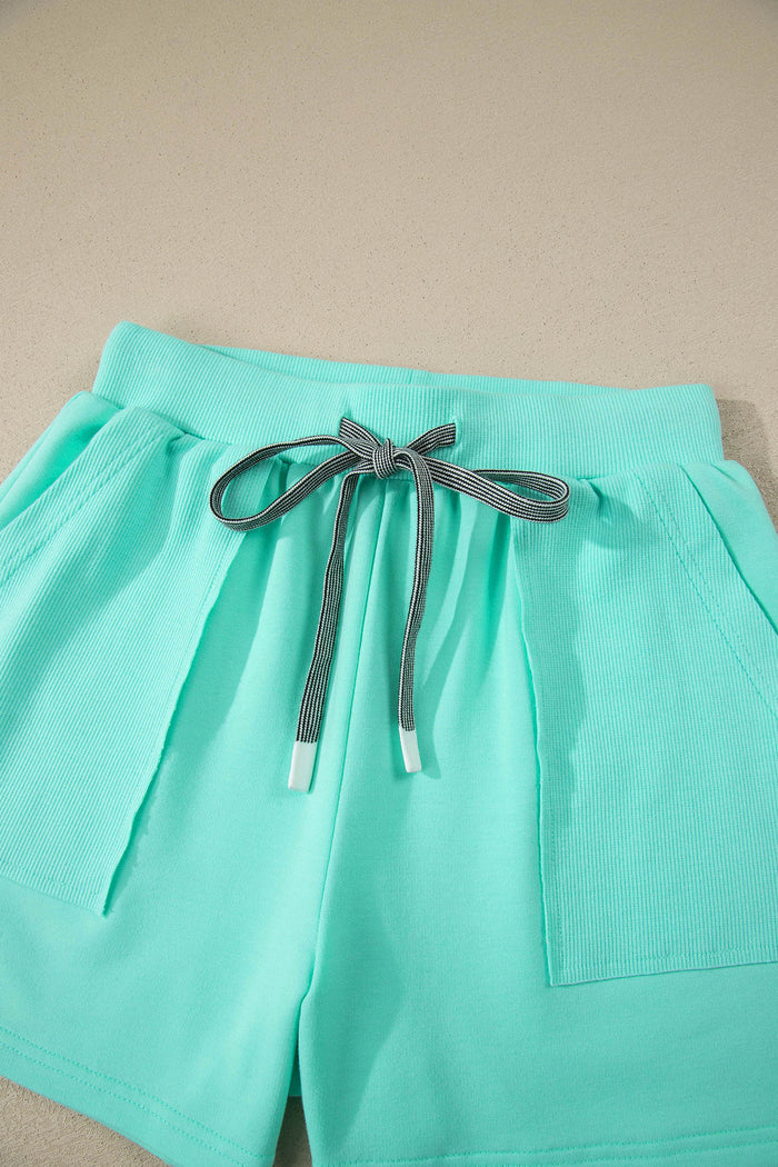 Mint Green V Neck Short Sleeve Top Drawstring Shorts 2pcs Set Shewin