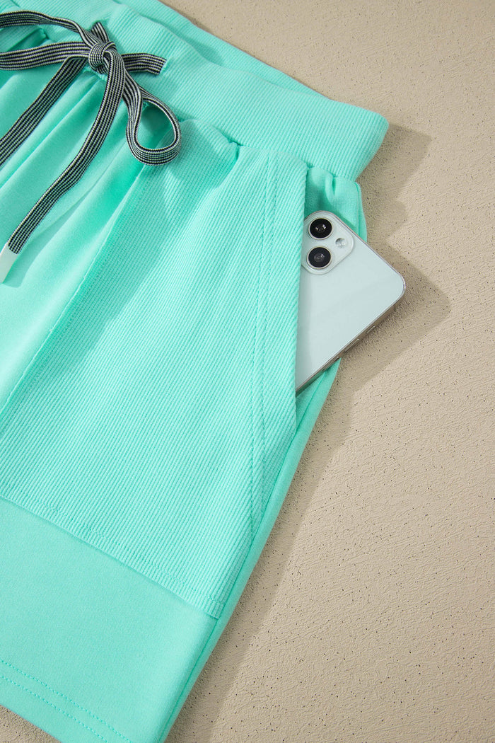 Mint Green V Neck Short Sleeve Top Drawstring Shorts 2pcs Set Shewin