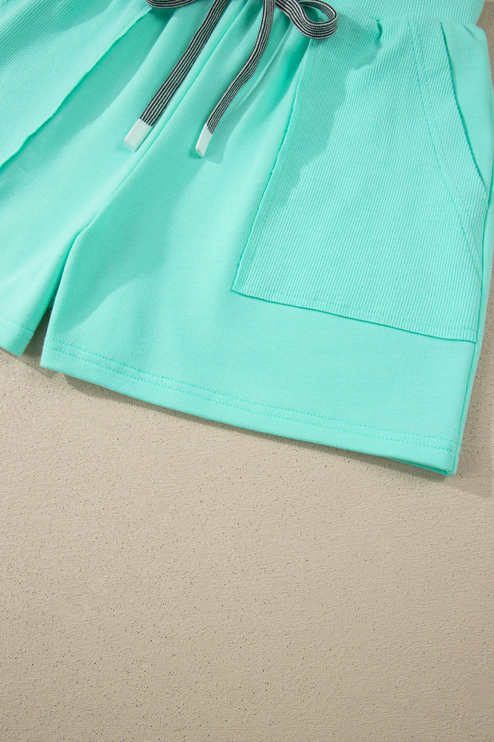 Mint Green V Neck Short Sleeve Top Drawstring Shorts 2pcs Set Shewin