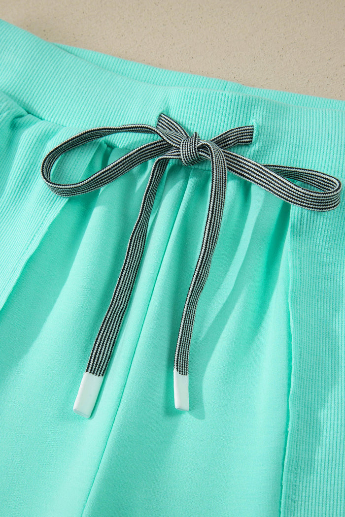 Mint Green V Neck Short Sleeve Top Drawstring Shorts 2pcs Set Shewin