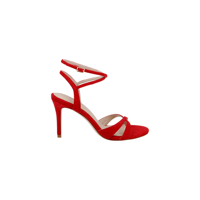 Introducing the Miranda Suede Sandal in a striking red hue, featuring a pointed high heel, two delicate straps over the toes, and an ankle-wrap strap secured with a petite buckle. Showcased on a white background, these sandals are perfect as elegant evening shoes.