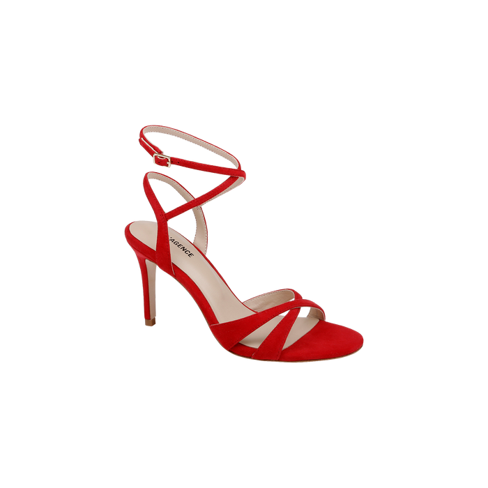 The Miranda Suede Sandal is a single red heel featuring thin crisscross straps and an adjustable ankle-wrap with buckle, displayed against a plain white background. Ideal as elegant evening footwear.