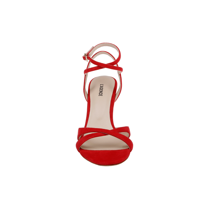 Miranda Suede Sandal—red, strappy high-heel with an ankle-wrap strap and open toe, viewed from above on a plain white background—perfect as elegant evening shoes or chic red suede heels.