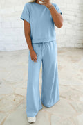 Mist Blue Solid Color Loose Tee Drawstring Wide Leg Pants 2pcs Outfit Shewin