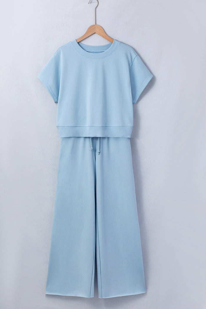 Mist Blue Solid Color Loose Tee Drawstring Wide Leg Pants 2pcs Outfit Shewin