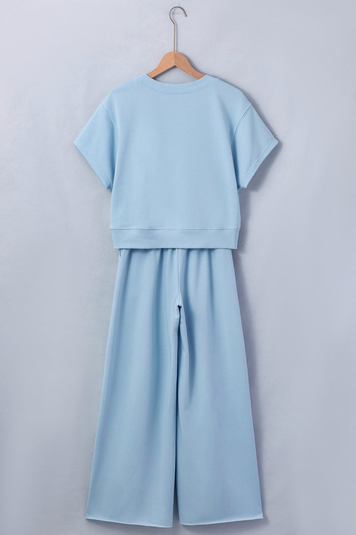 Mist Blue Solid Color Loose Tee Drawstring Wide Leg Pants 2pcs Outfit Shewin
