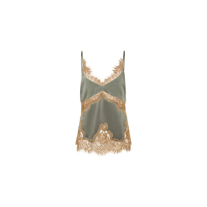 The Mitsu Satin Lace Camisole is a sage green satin top featuring thin straps and delicate gold lace trim along the neckline and hem, shown against a white background.