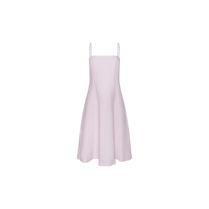 Mitzy Linen Midi Dress in light pink, featuring thin adjustable straps, a square neckline, and a flared, knee-length skirt, displayed on a plain white background.