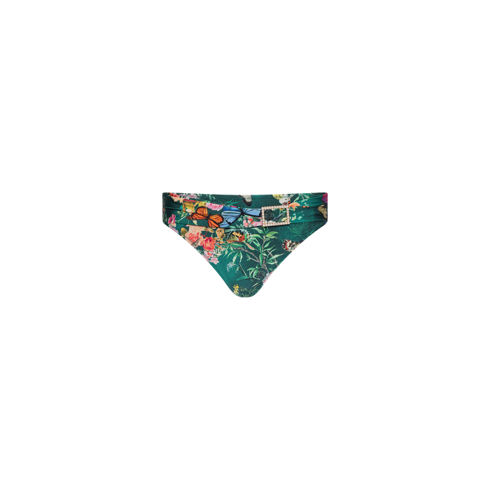 Miya Bikini Bottom featuring a butterfly floral print in vibrant green, complete with a sash waistband. Displayed against a plain white background, the lively colors and intricate pattern of the swimwear stand out beautifully.
