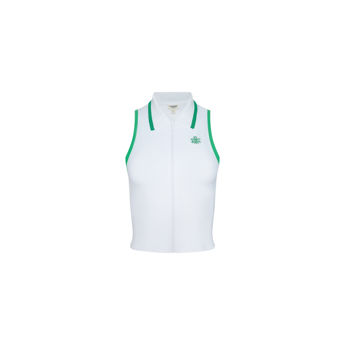 The Monica Tennis Polo is a sleeveless white collared top accented with green trim along the armholes and collar, and features a small green emblem on the left chest. Crafted from breathable fabric, this tennis polo is shown against a plain white background.