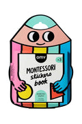 Colorful packaging of a Montessori stickers book with a pencil design on a blue background