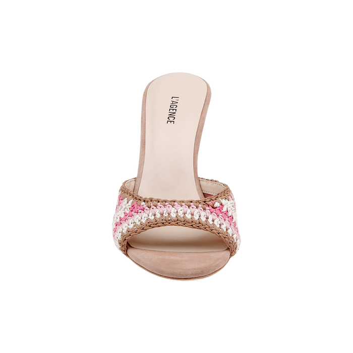 The Moyes Crochet Sandal is an open-toe mule featuring a woven pink, white, and tan strap, a beige sole, and LAGENCE printed on the insole—perfect for summer style.