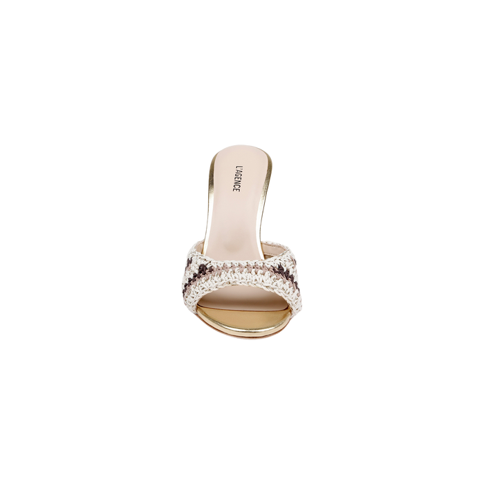 The Moyes Crochet Sandal is a women’s open-toe mule featuring a woven, light-colored crochet upper strap, sculpted heel, and a beige memory foam insole, shown from above on a plain white background.