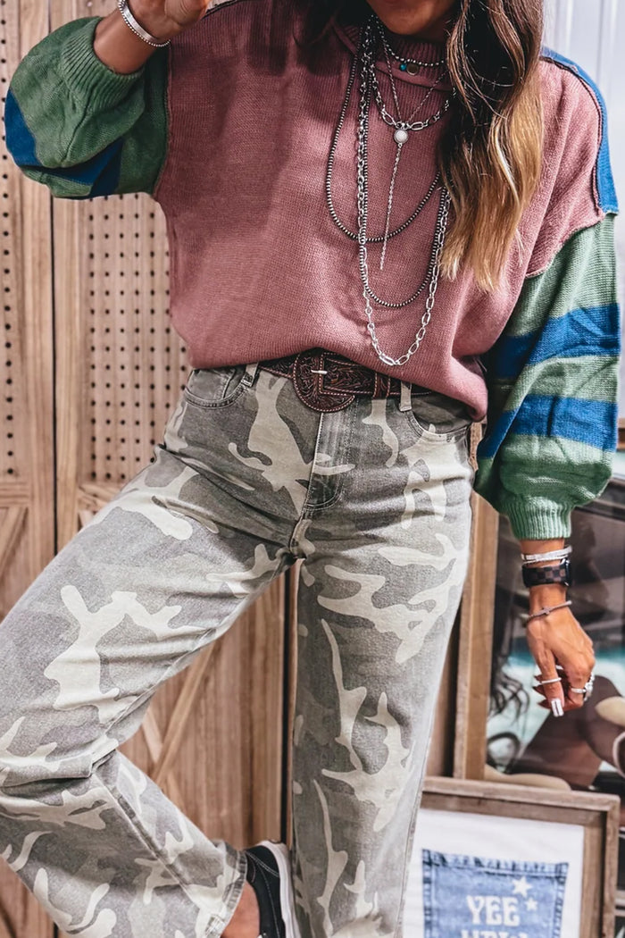Multicolour Western Colorblock Patchwork Striped Long Sleeve Pullover Sweater Shewin