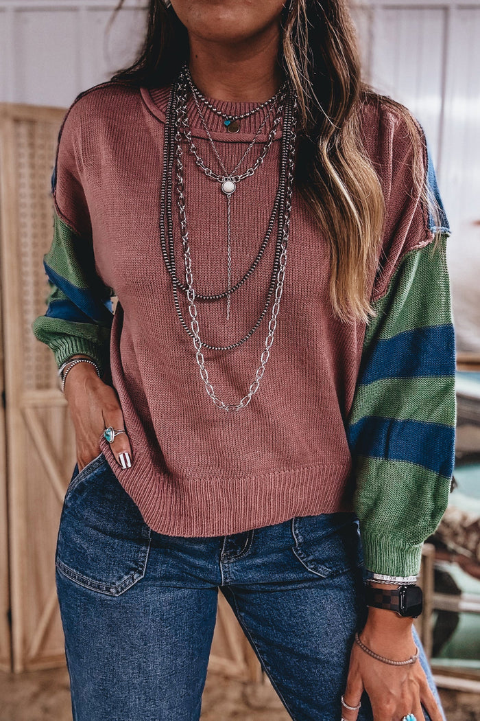 Multicolour Western Colorblock Patchwork Striped Long Sleeve Pullover Sweater Shewin
