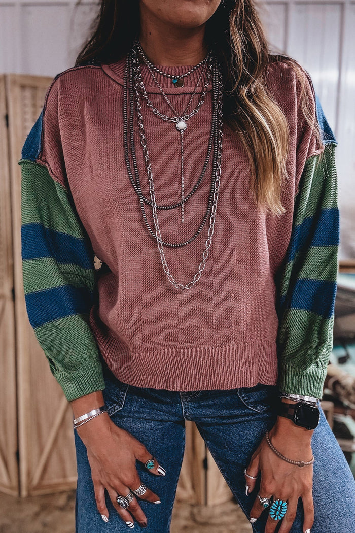 Multicolour Western Colorblock Patchwork Striped Long Sleeve Pullover Sweater Shewin