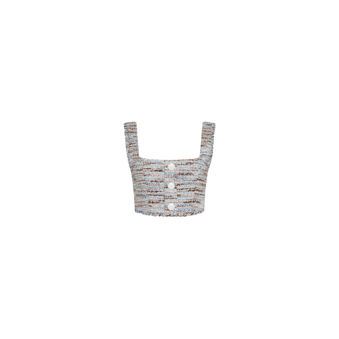 Introducing the Muno Tweed Top: a stylish, sleeveless cropped top crafted from textured tweed fabric in neutral hues. It showcases wide straps, a square neckline, and three white buttons down the front, while subtle frayed edges lend a contemporary flair.