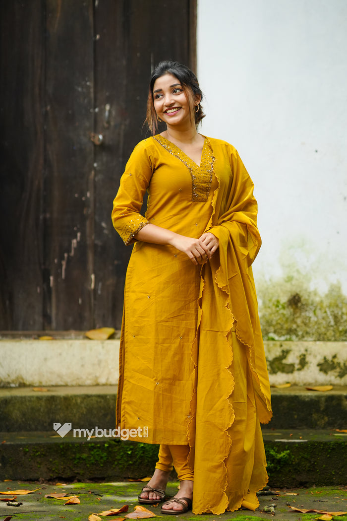 Mustard yellow shaded chanderi partywear Kurti with hand embroidery and heavy scalloped dupatta MBS-1316