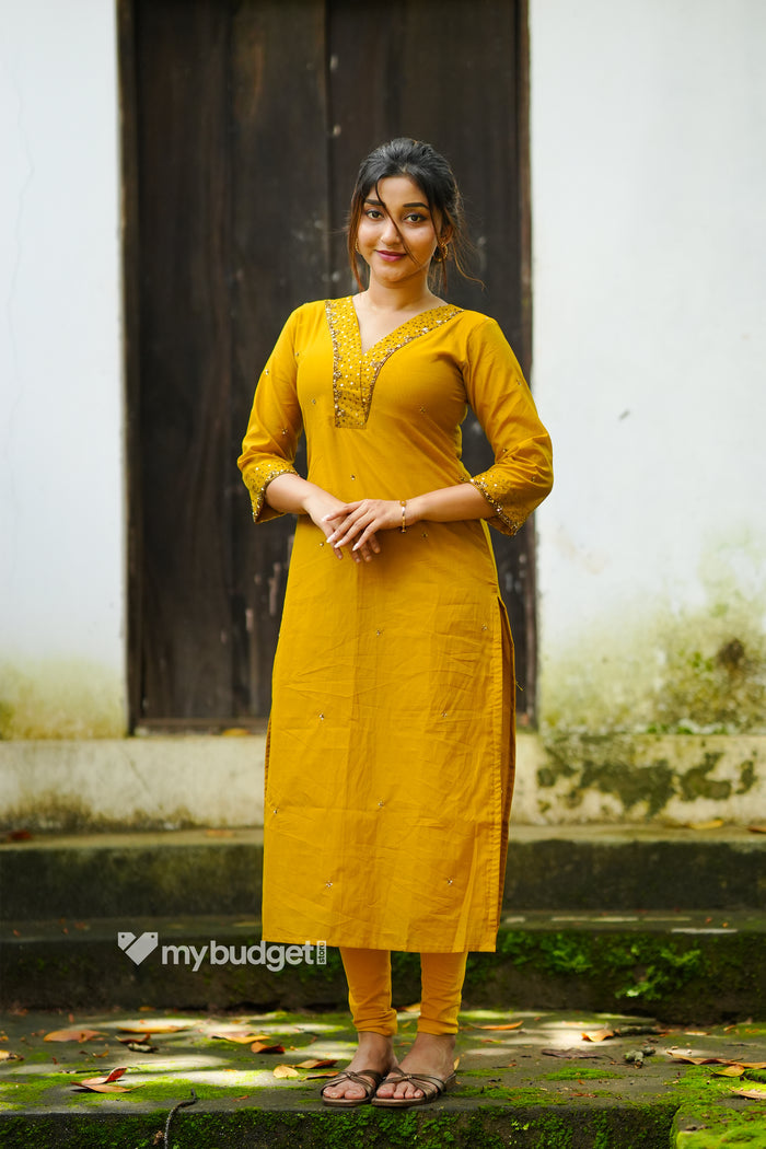Mustard yellow shaded chanderi partywear Kurti with hand embroidery and heavy scalloped dupatta MBS-1316