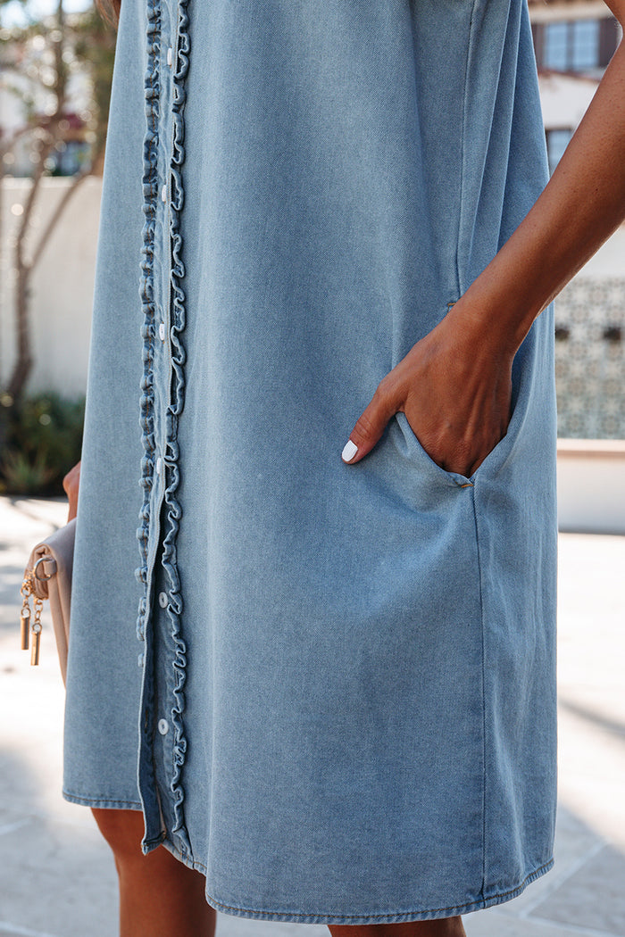 Myosotis Frilled Detail Button Down Ruffle Short Sleeve Denim Mini Dress Shewin