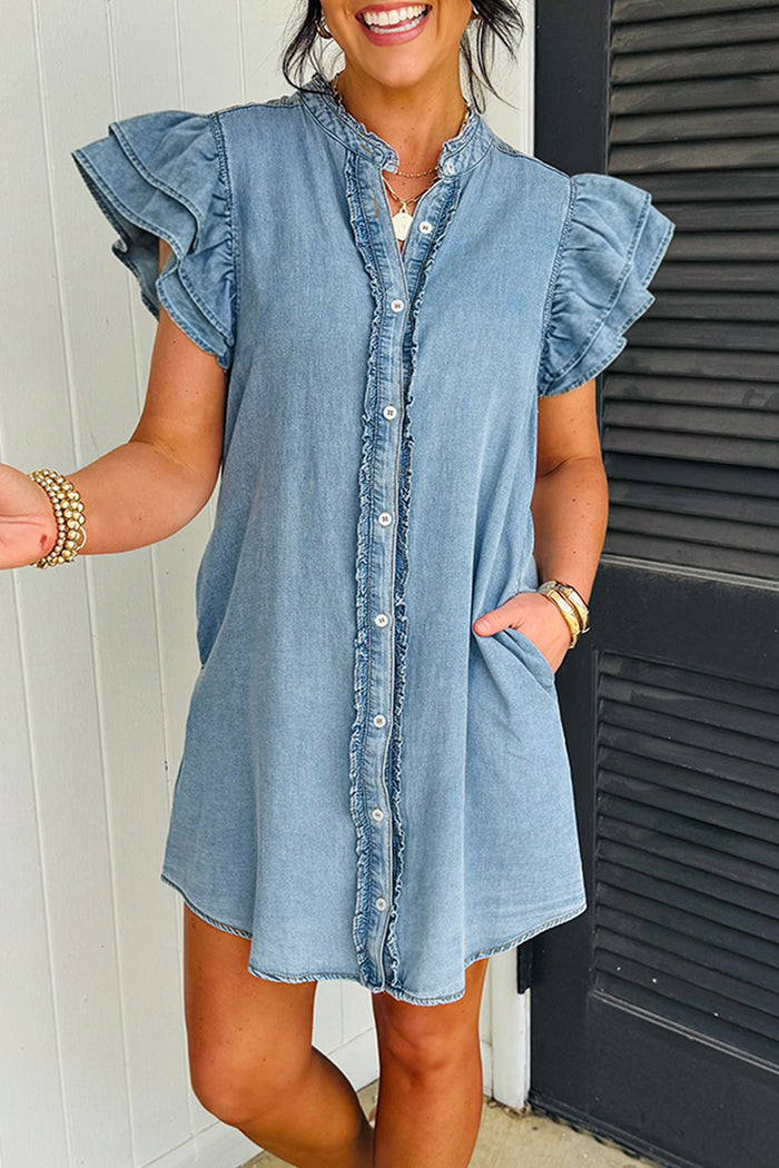 Myosotis Frilled Detail Button Down Ruffle Short Sleeve Denim Mini Dress Shewin