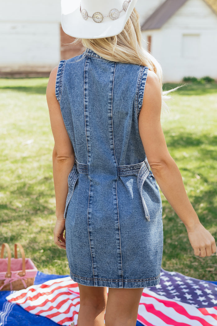 Myosotis Western Belt Button Down Sleeveless Denim Short Dress Shewin
