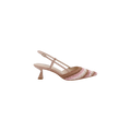 The Nantes Slingback Pump is a pink and beige crochet shoe featuring a pointed toe, short stiletto heel, adjustable ankle strap, and memory foam insole, displayed against a plain white background.
