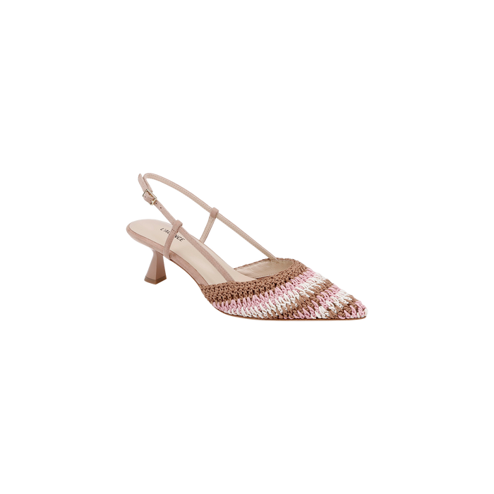 The Nantes Slingback Pump is a beige pointed-toe slingback featuring pink and gold sequin stripes on the front, a small block heel, and a comfortable memory foam insole.