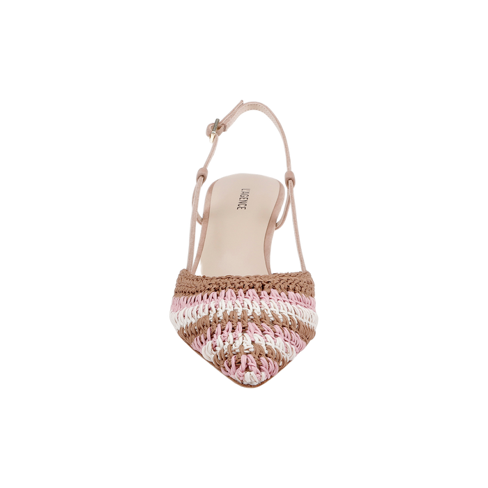 The Nantes Slingback Pump is a single woven shoe with a pointed toe, designed in shades of pink, brown, and white. It features an adjustable ankle strap and a comfortable memory foam insole, displayed on a plain white background.
