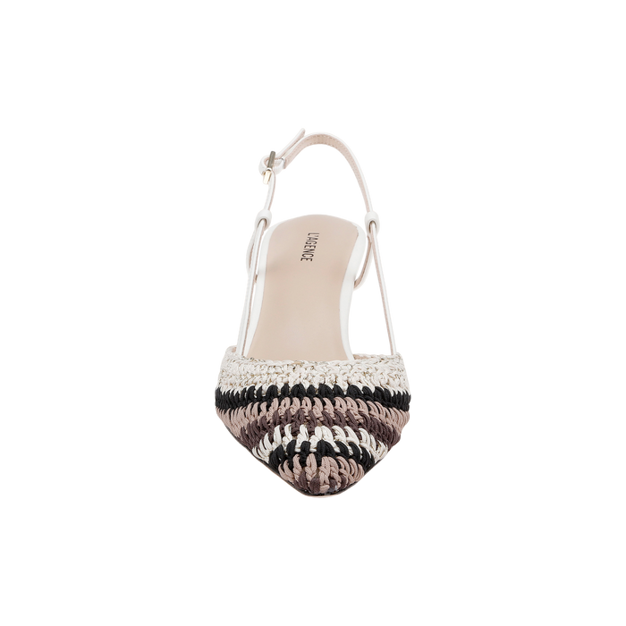 Introducing the Nantes Slingback Pump: a single crochet leather slingback pump with a pointed toe, showcasing white, black, and brown stripes and finished with a thin, adjustable ankle strap—presented against a plain white background.