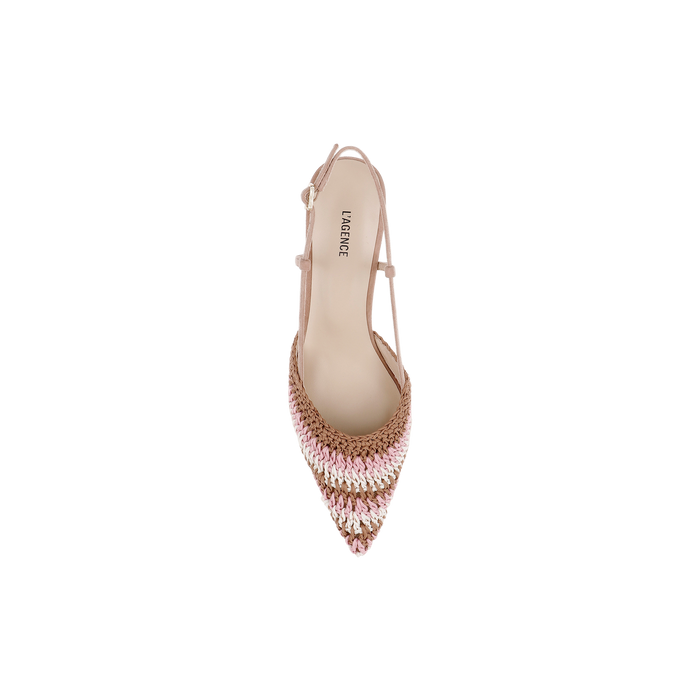 A top view of the Nantes Slingback Pump, a pointed-toe women’s shoe featuring pink, gold, and beige sequins, an ankle strap, and a memory foam insole, set against a white background.
